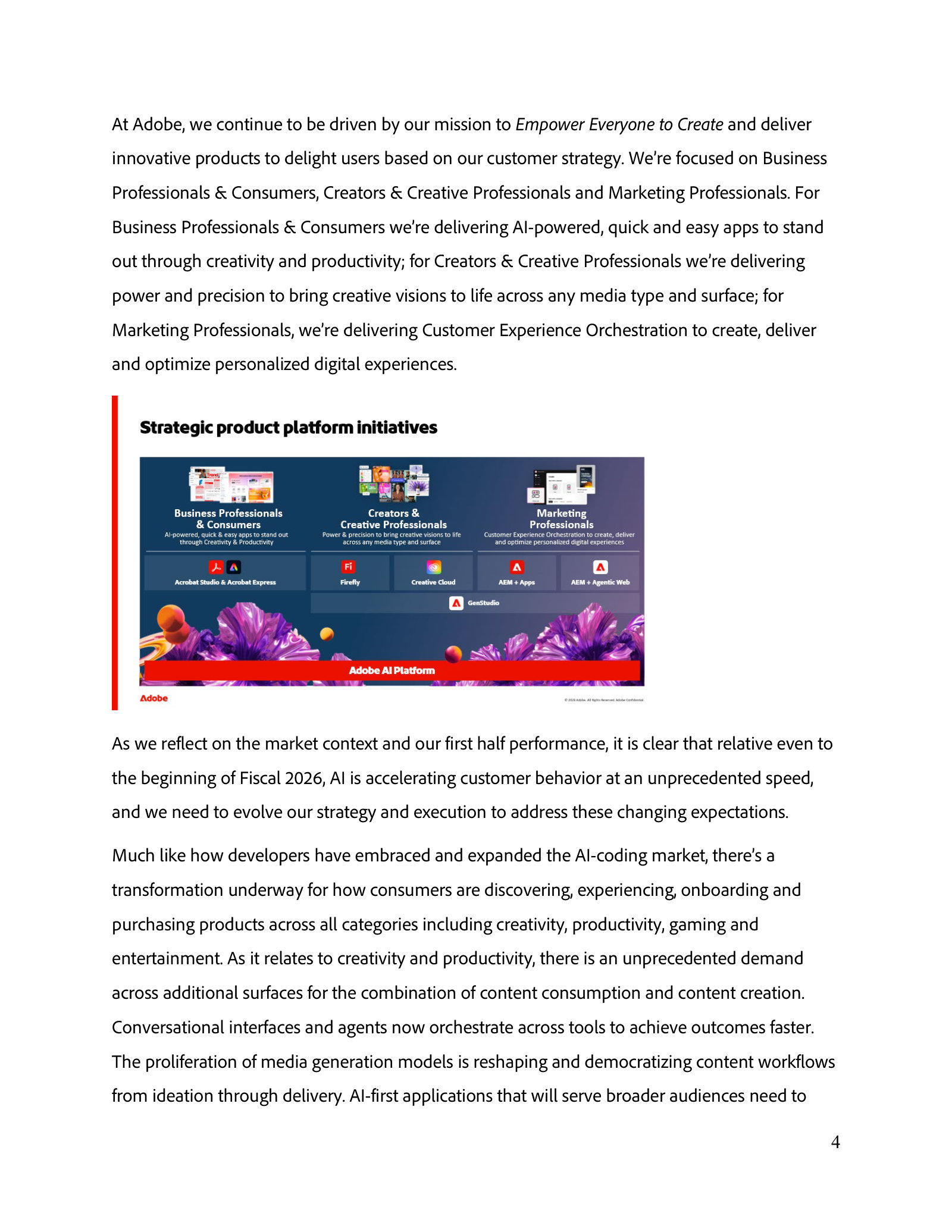 Strategic product platform — which products serve each customer group, all sitting on the Adobe AI Platform.