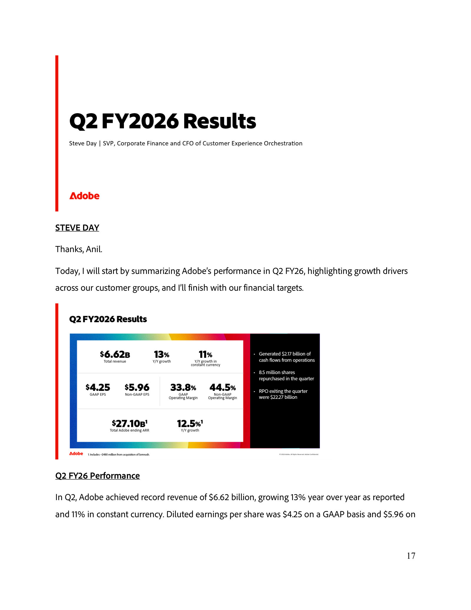 Q2 FY2026 scorecard on one page — $6.62B revenue, EPS, operating margins, $27.1B ARR, cash flow and RPO.